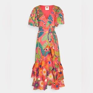 FARM RIO Graphic Macaws puff sleeve midi wrap dress